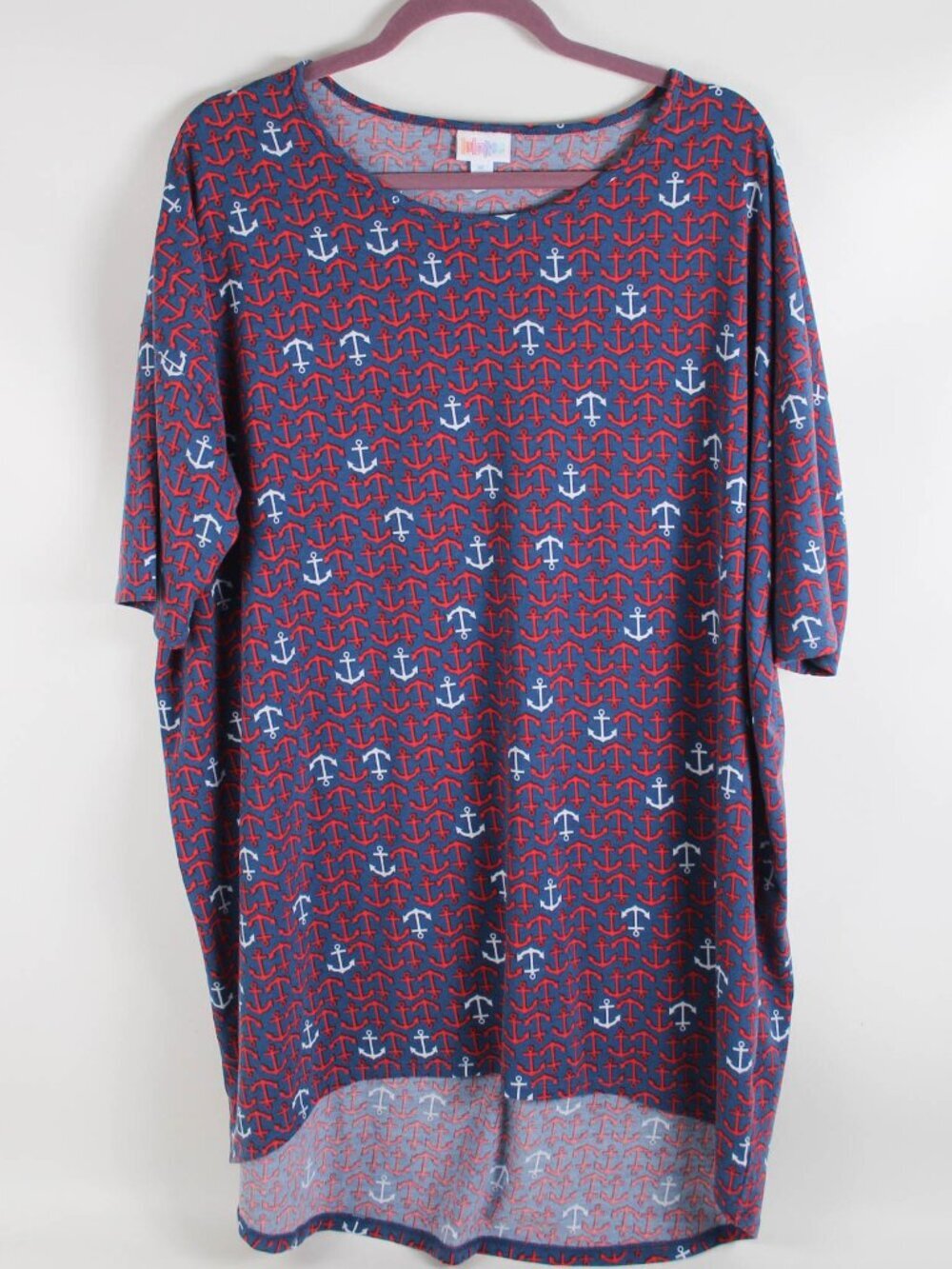 LuLaRoe XL Red Blue White Anchor Nautical Print Stretch Tee